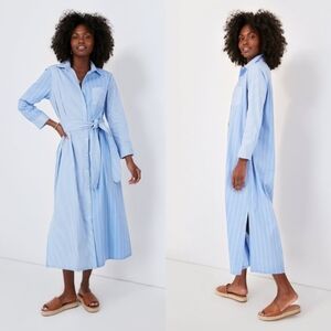 Pomander Place Plue Stripe Chessie Preppy Belted Shirt Maxi Dress